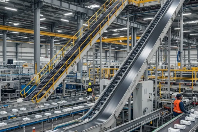 Conveyor belt in a manufacturing and logistics warehouse using a soft starter