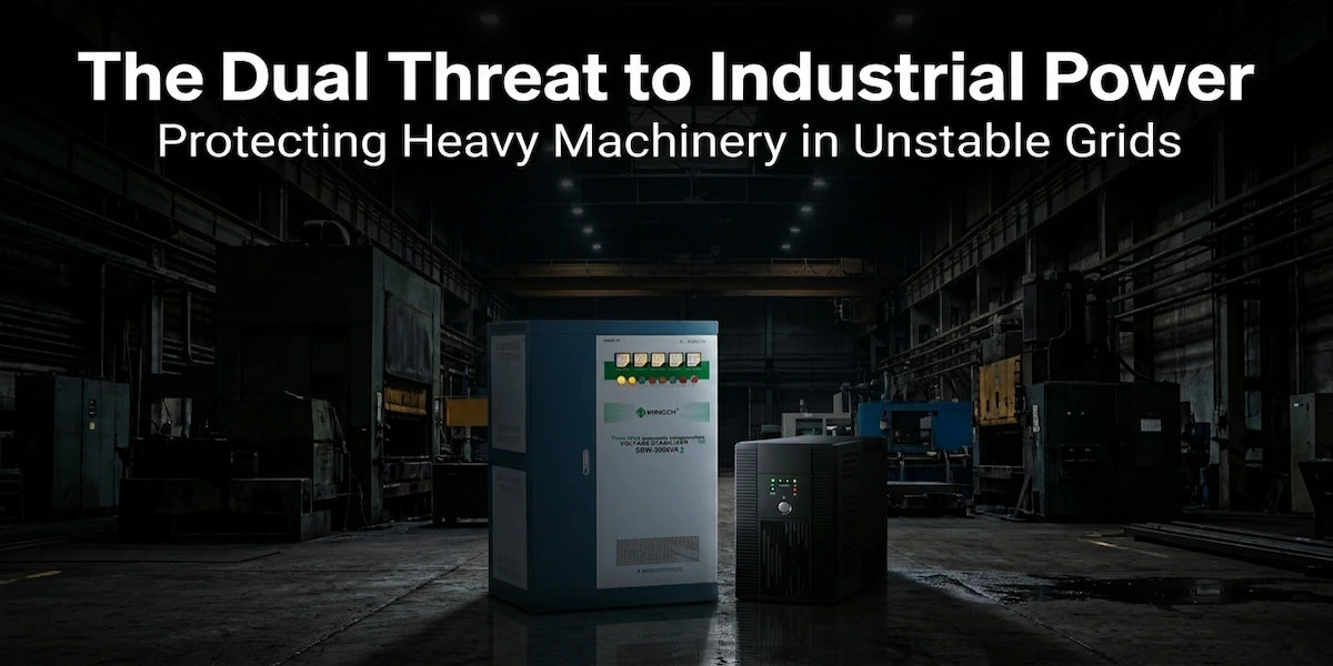 Heavy-duty industrial automatic voltage regulators (AVR) providing stable power protection against brownouts and blackouts for manufacturing facilities.