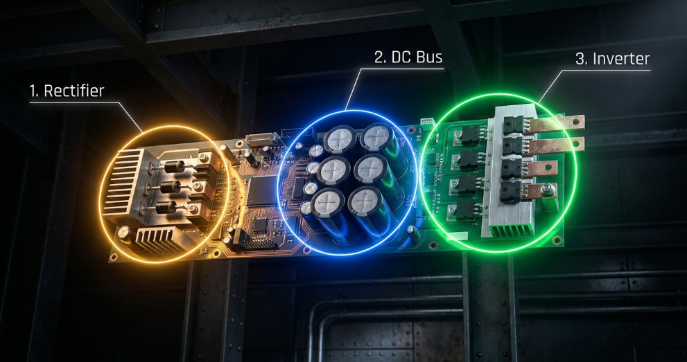 VFD circuit diagram showing rectifier, DC bus and inverter modules