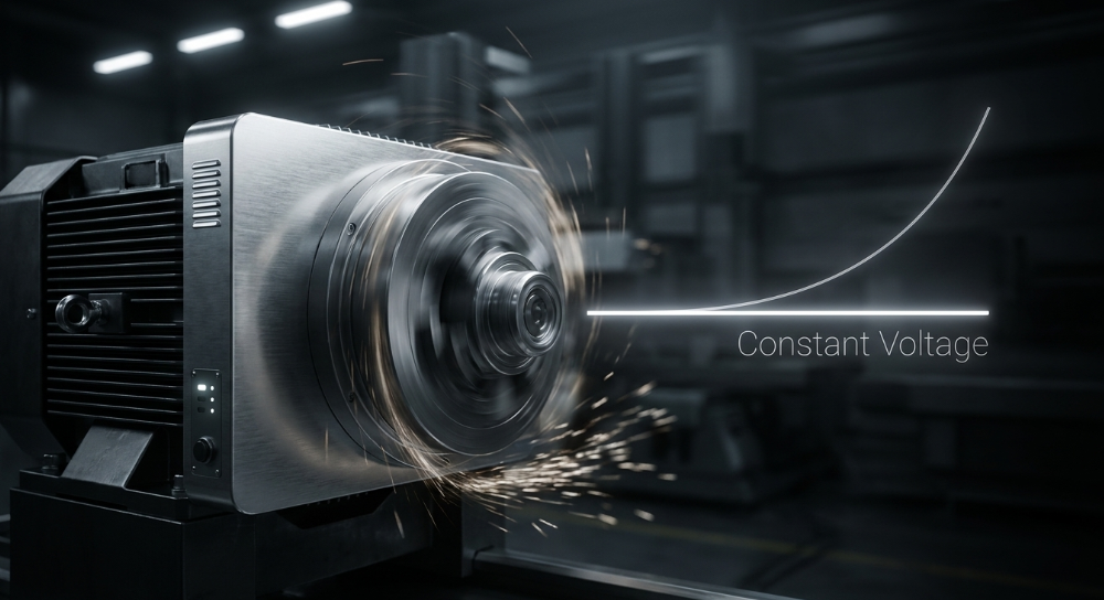 Visual de motor industrial que muestra un rendimiento estable de voltaje constante