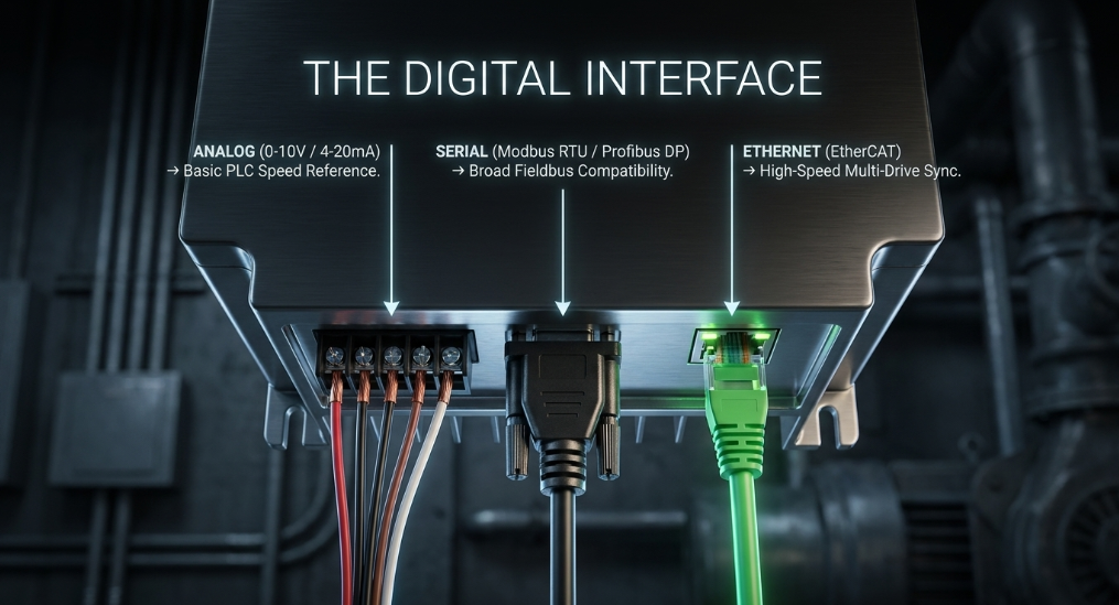 VFD digital interfaces: analog, serial bus and ethernet communication ports